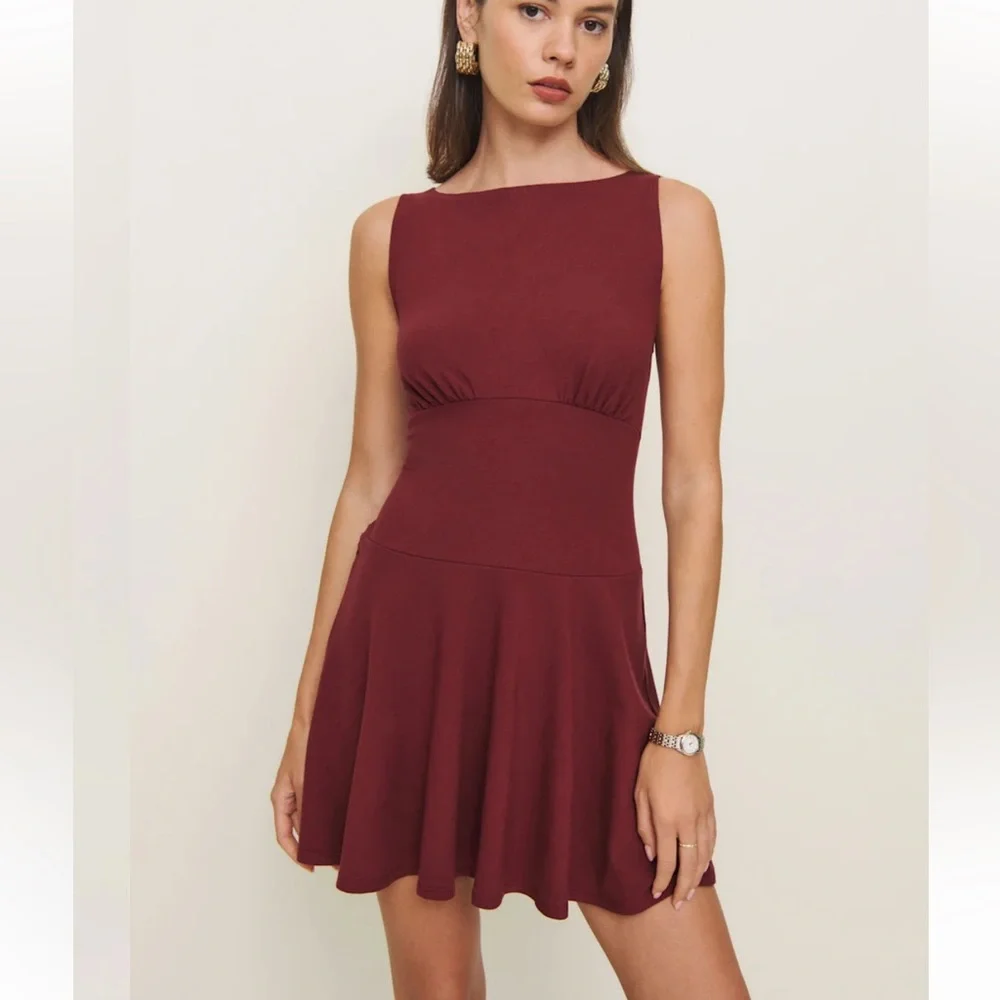 new Reformation Mayve drop waist knit boat neck mini dress in chianti red